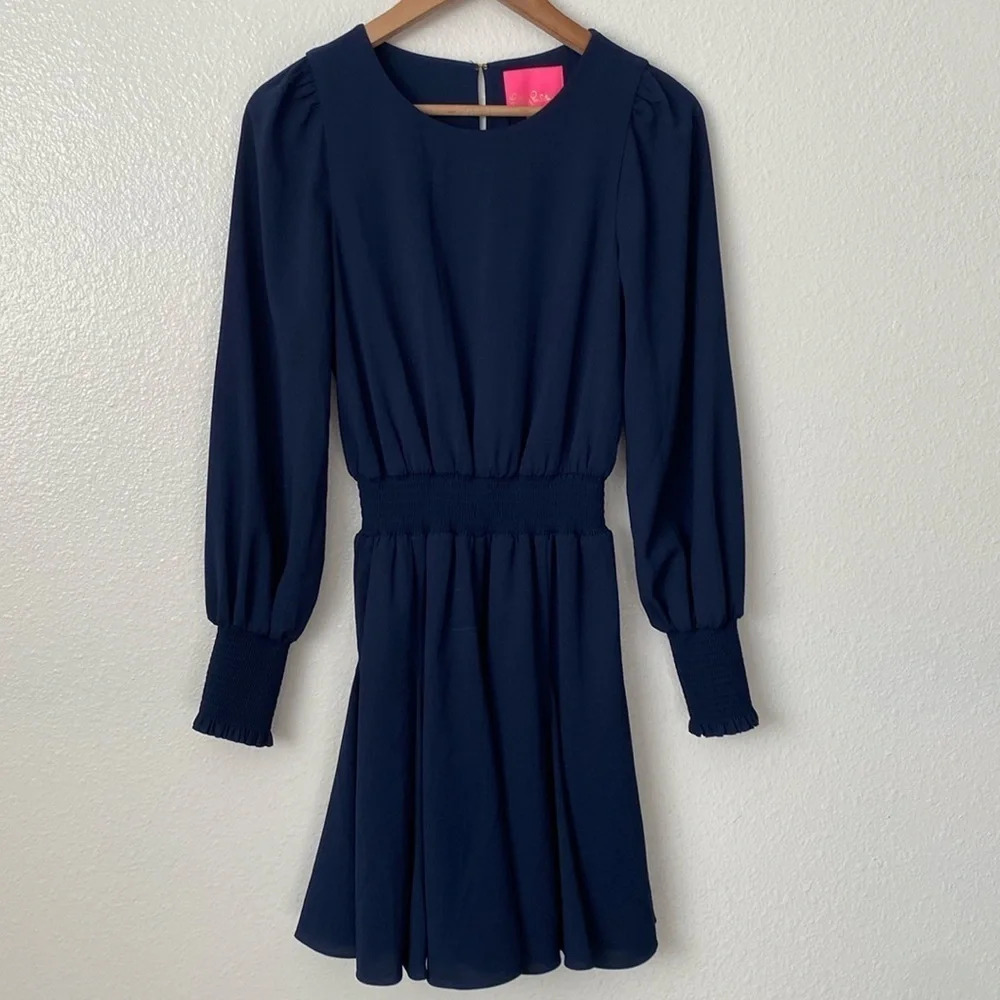 Lilly Pulitzer 2 Lorella Stretch Dress Long Sleeve Knee Length in Navy - Picture 5 of 12